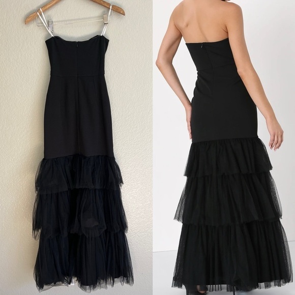 NWOT Dramatic Fanatic Black Strapless Tulle Trumpet Maxi Dress - Picture 3 of 8